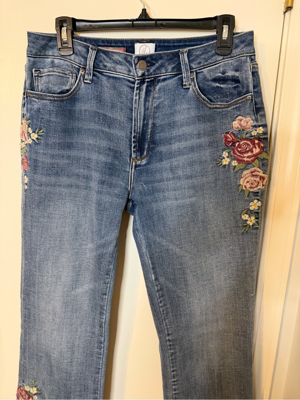 DRIFTWOOD Mid-Blue Straight-Leg Jeans with Floral Rose Embroidery - Picture 6 of 6